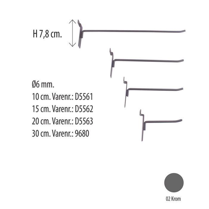 Varekroge til rillepanel. Krom.
Vælg mellem 10, 15, 20 og 30 cm. 
Passer på rillepanel og vores hulplader.
Pris pr. stk.  Pakket med 10 stk.